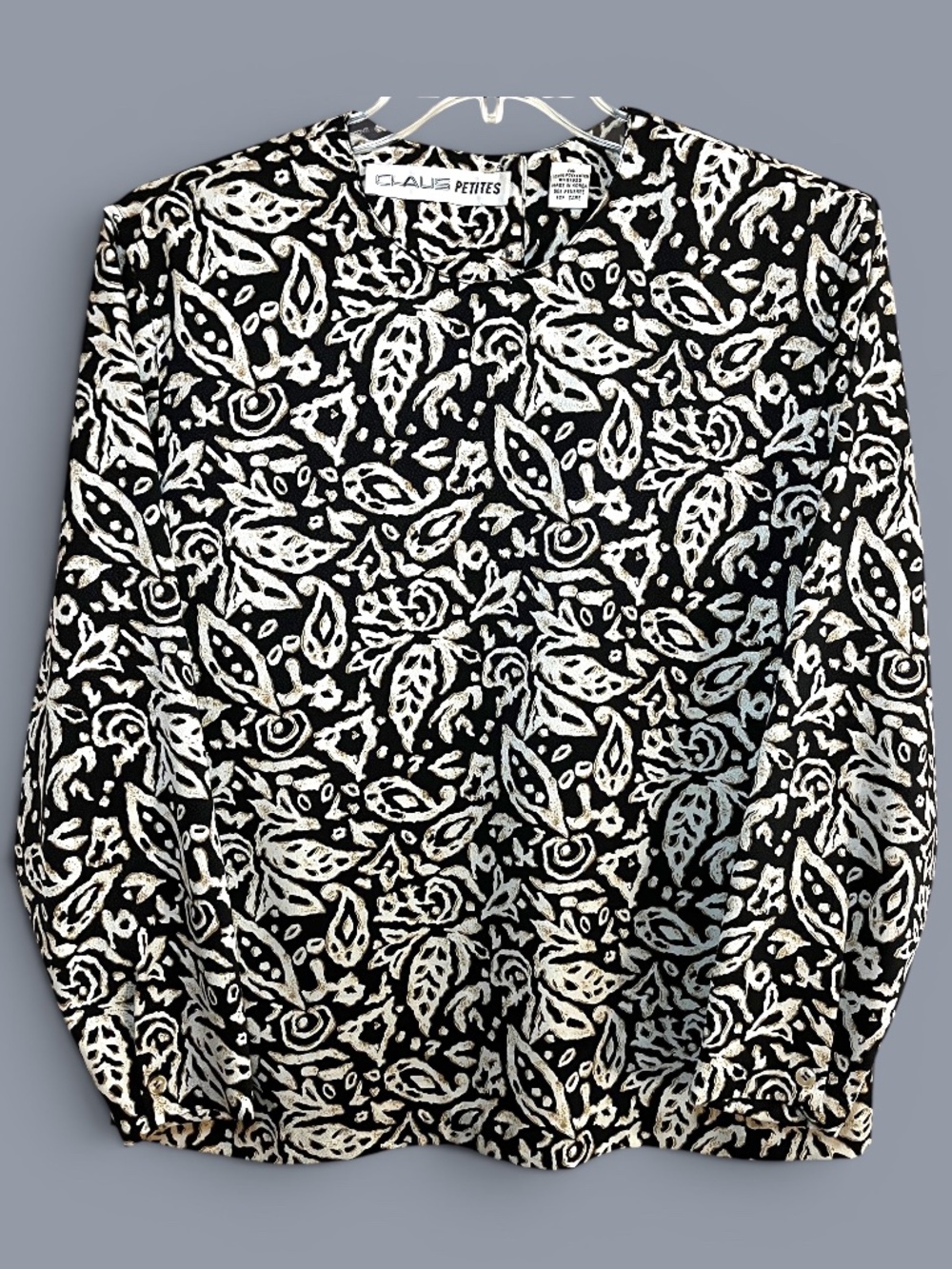 Vintage CHAUS Petites Black White Abstract Floral Career Blouse Size 14P